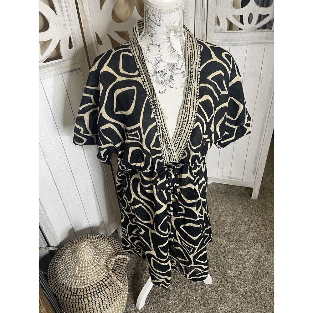 Haute Hippie Boho Lightweight Dress Size XL Semi Sheer Black Beige Waist Cinch
